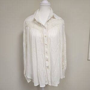 Free People White Crochet‎ Lace Detail Button Down Shirt Top XS